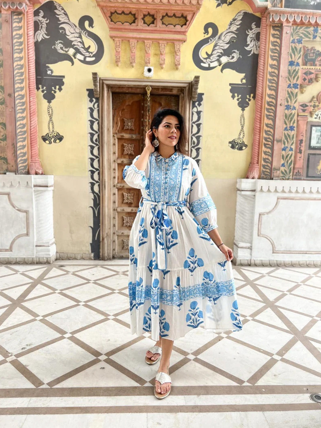 Mughal Print Dress | Sky Blue