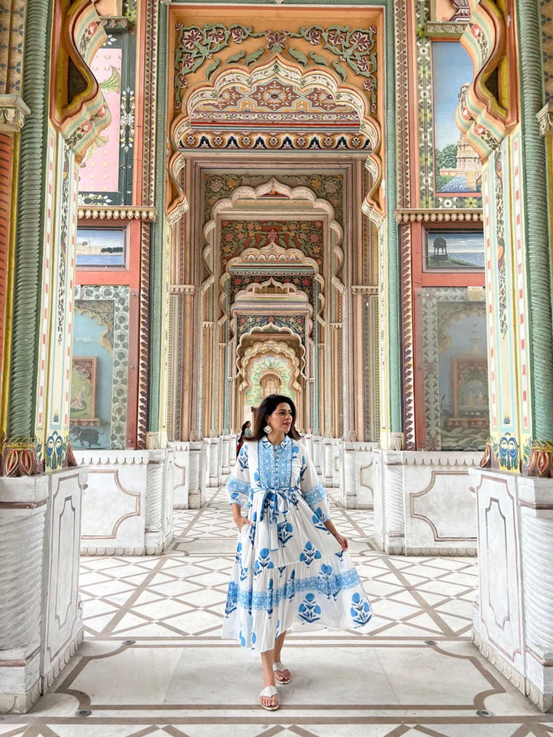 Mughal Print Dress | Sky Blue