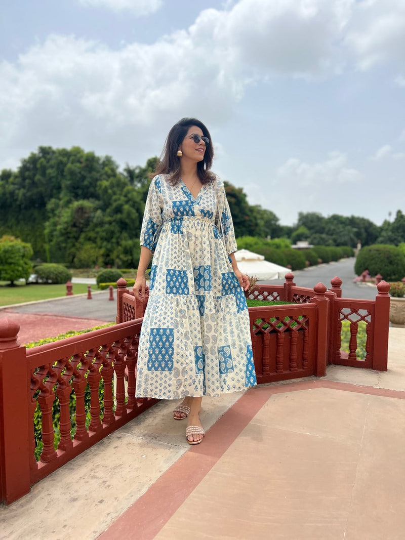 Open-Back Patchwork Print Dress | Blue Multi