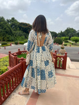 Open-Back Patchwork Print Dress | Blue Multi