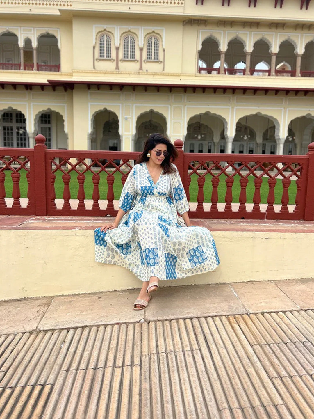 Open-Back Patchwork Print Dress | Blue Multi