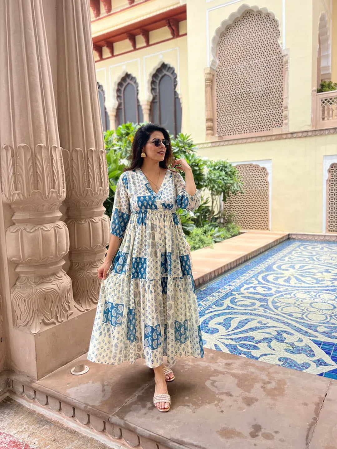 Open-Back Patchwork Print Dress | Blue Multi