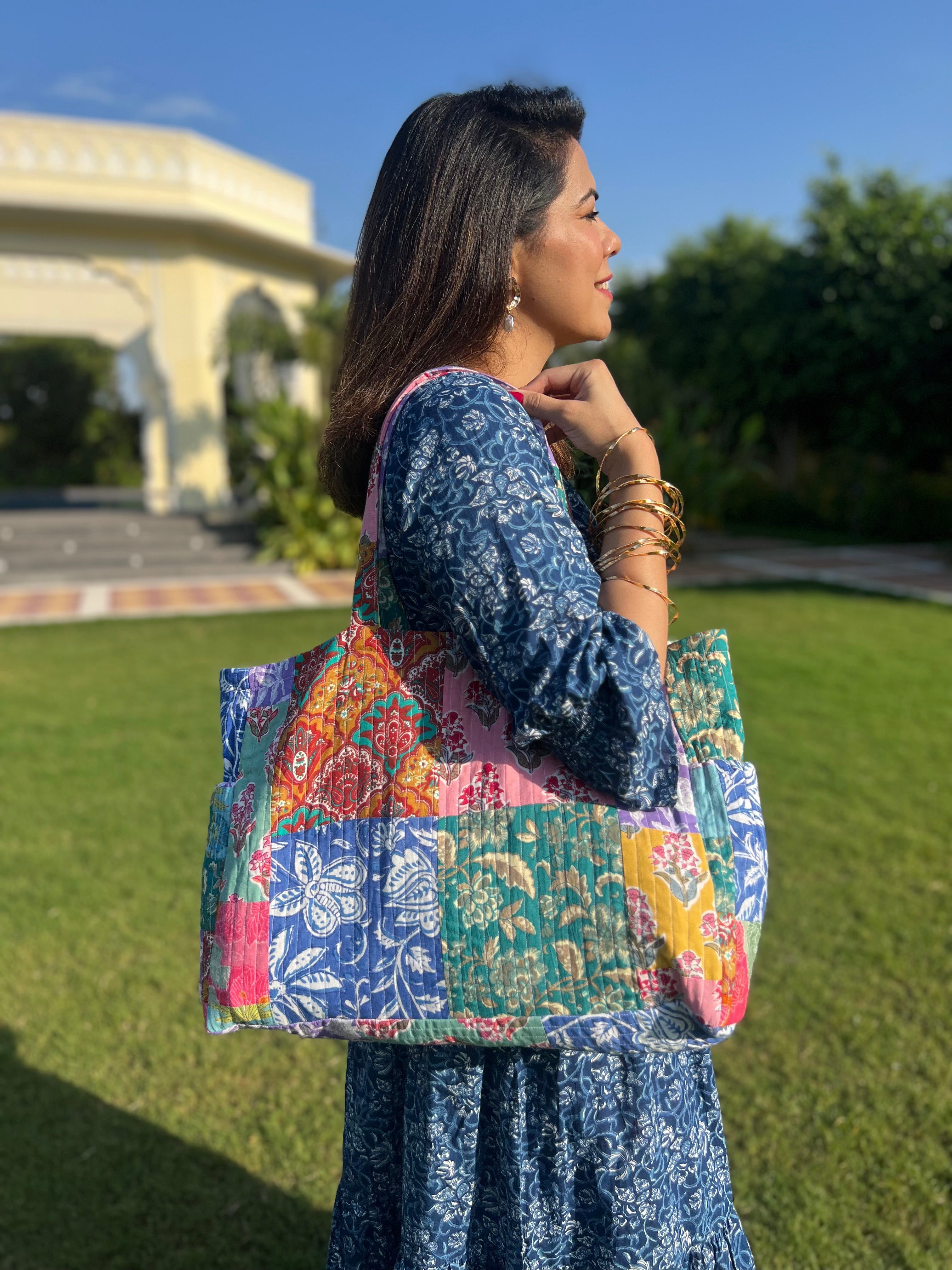 Block Print Patchwork Tote Bag