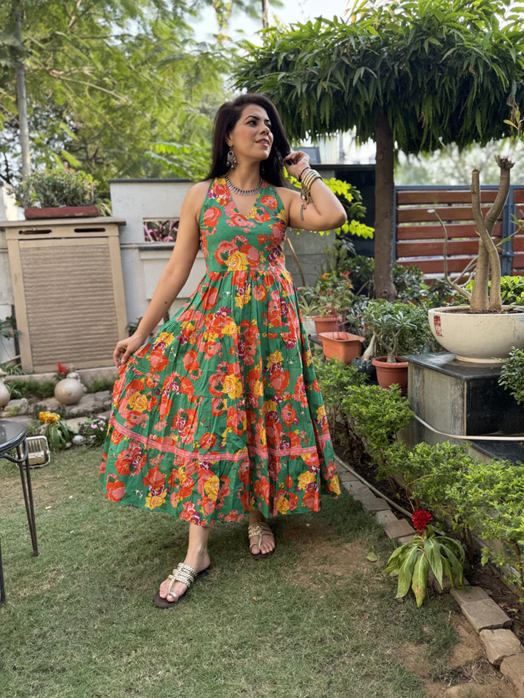 Green Printed Halter Neck Dress