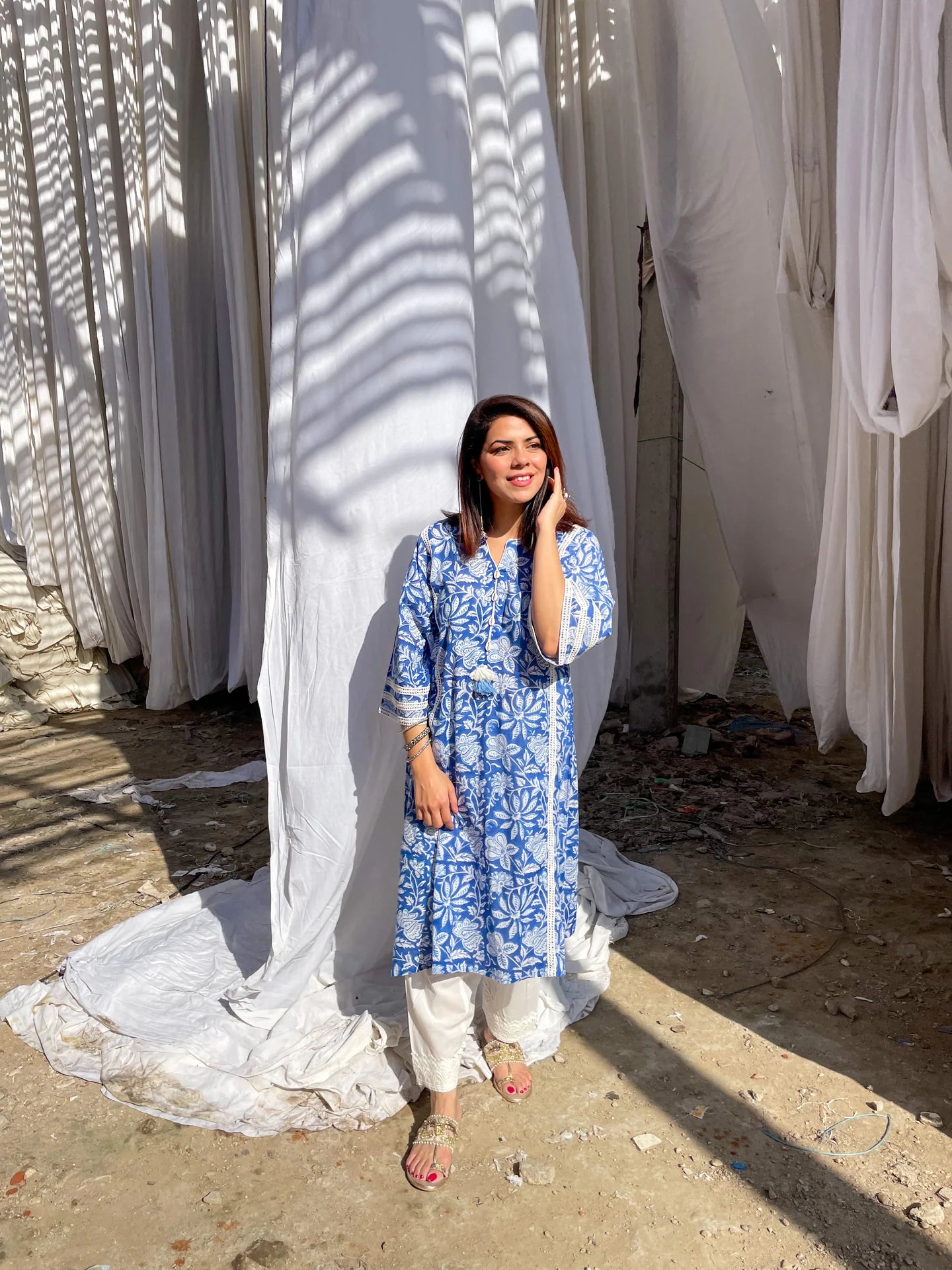 Blue Floral Printed Chogha Set – Cotton Straight Kurta with White Pants