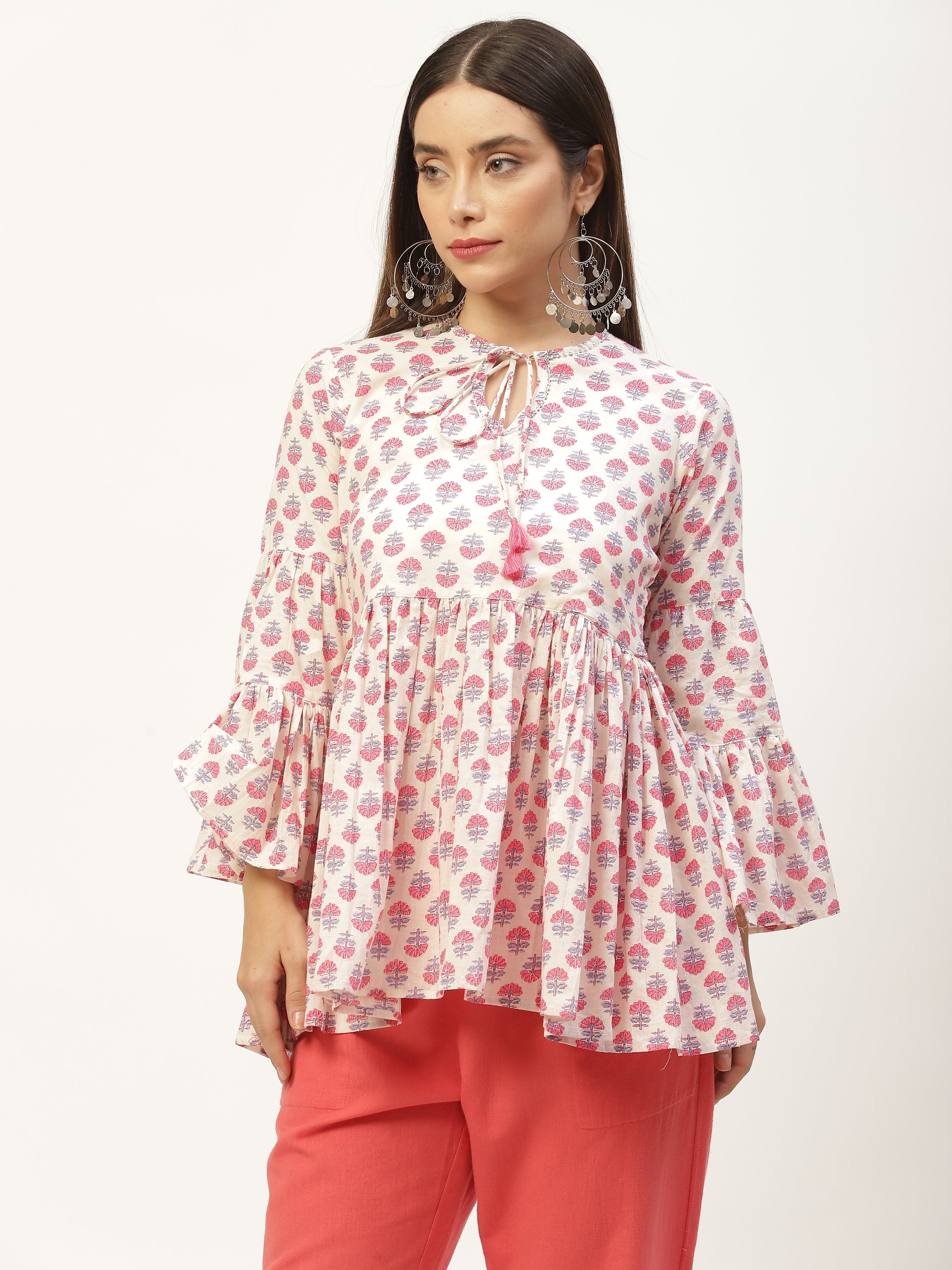 White Print Tie-Up Neck Cotton Cinched Waist Top
