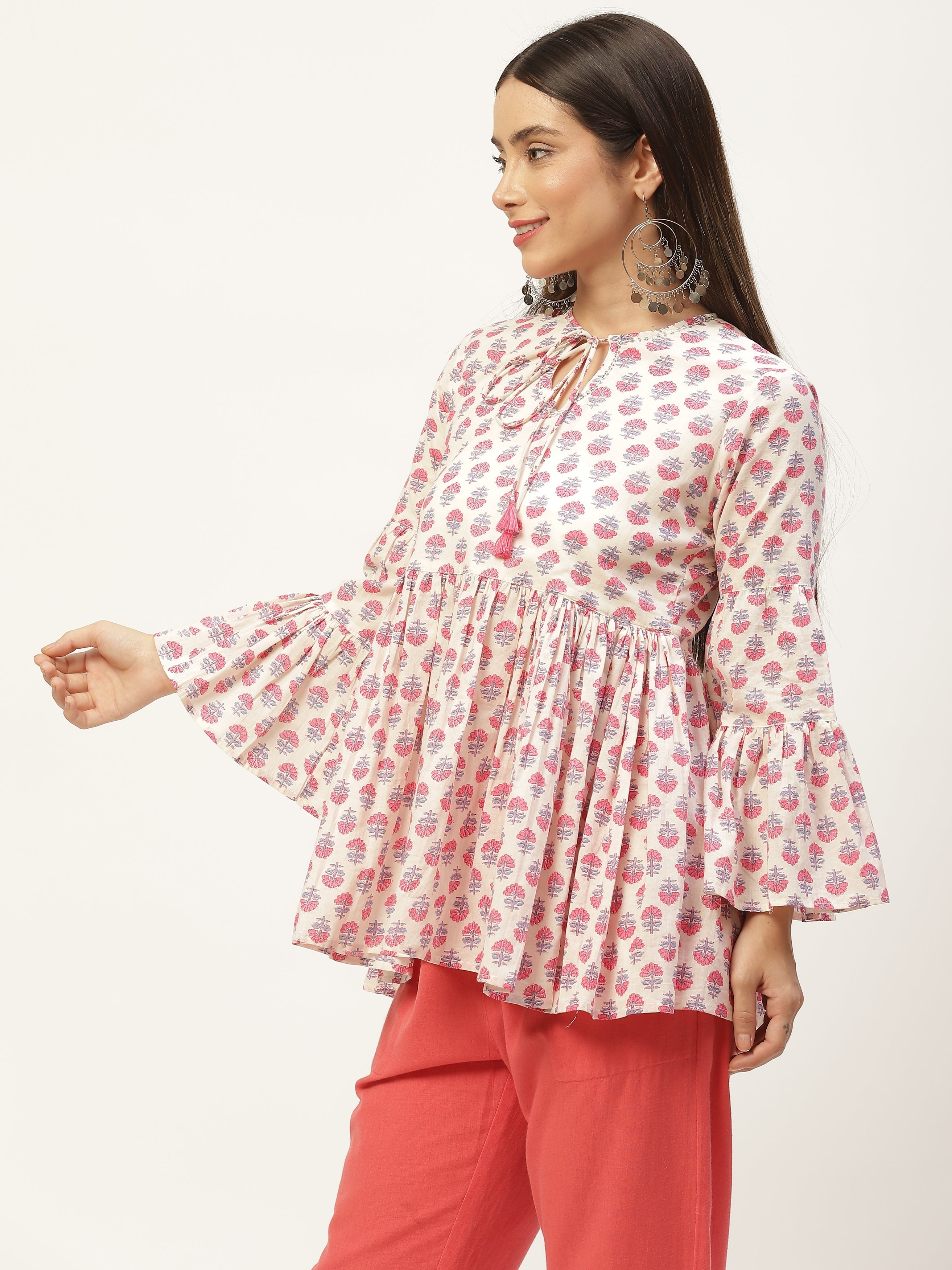 White Print Tie-Up Neck Cotton Cinched Waist Top