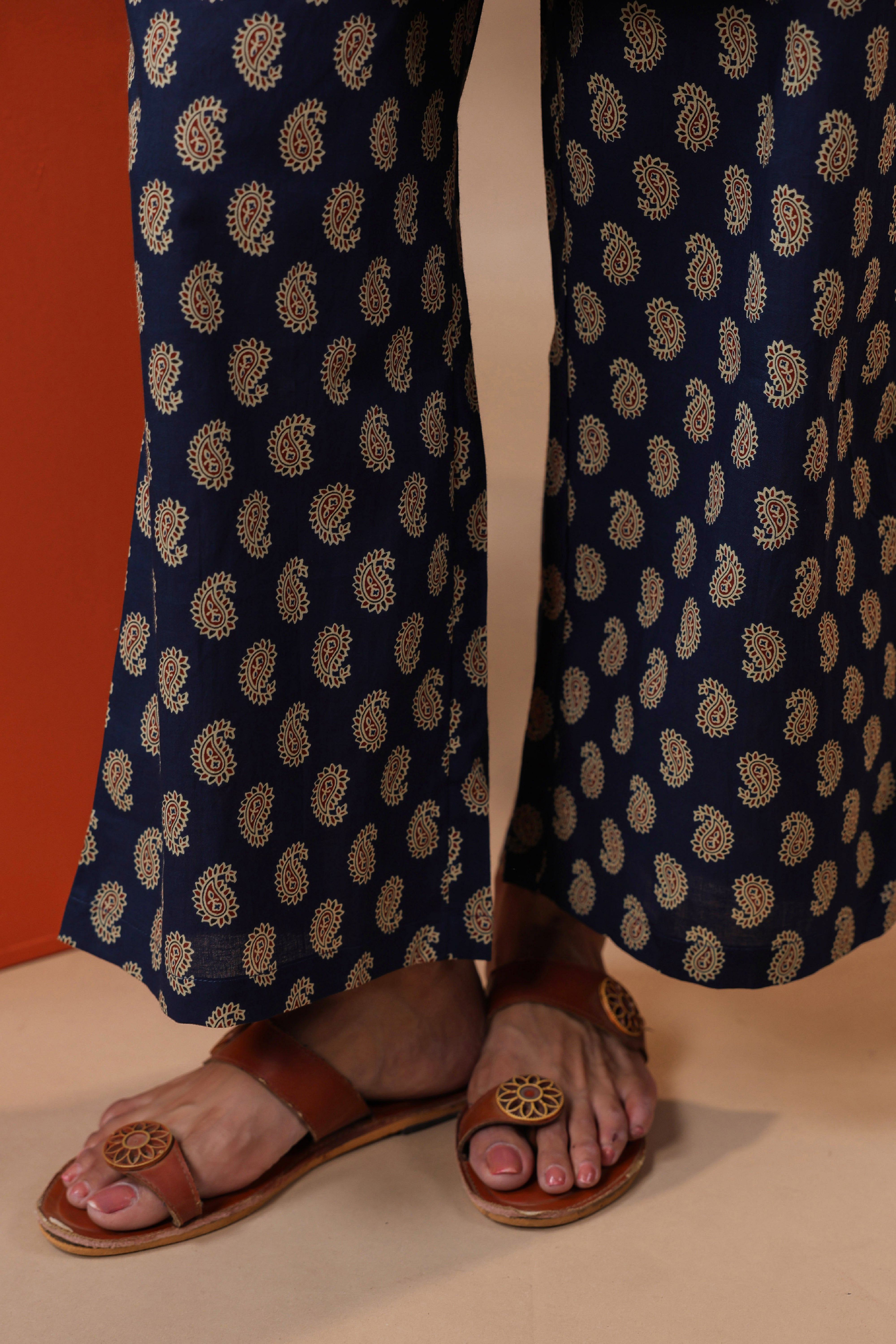Navy Blue Printed Cotton Kurta & Pants Set