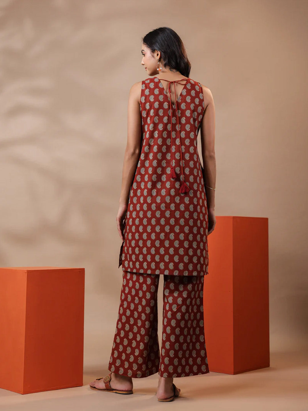 Maroon Printed Cotton Kurta & Pants Set