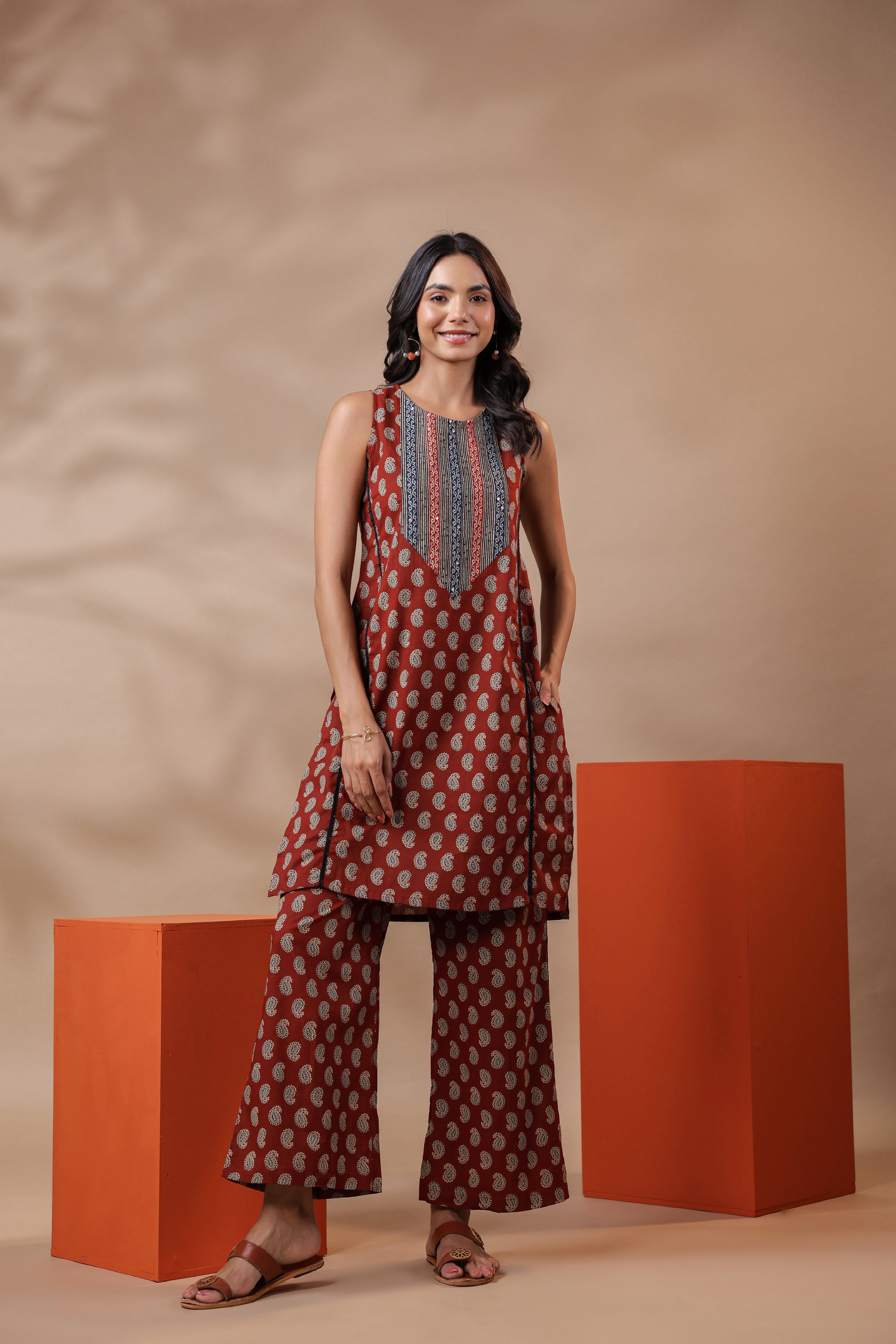 Maroon Printed Cotton Kurta & Pants Set