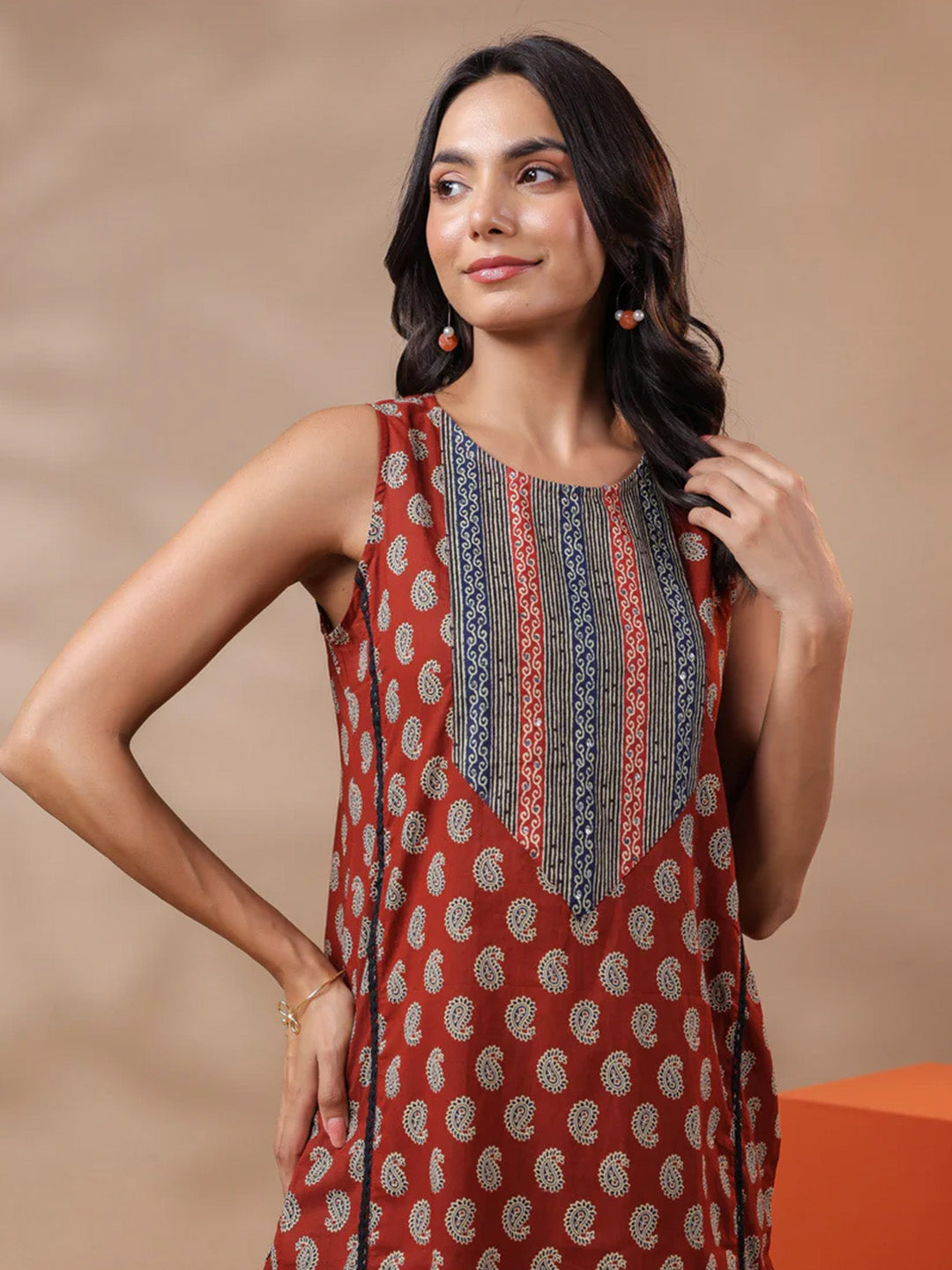 Maroon Printed Cotton Kurta & Pants Set