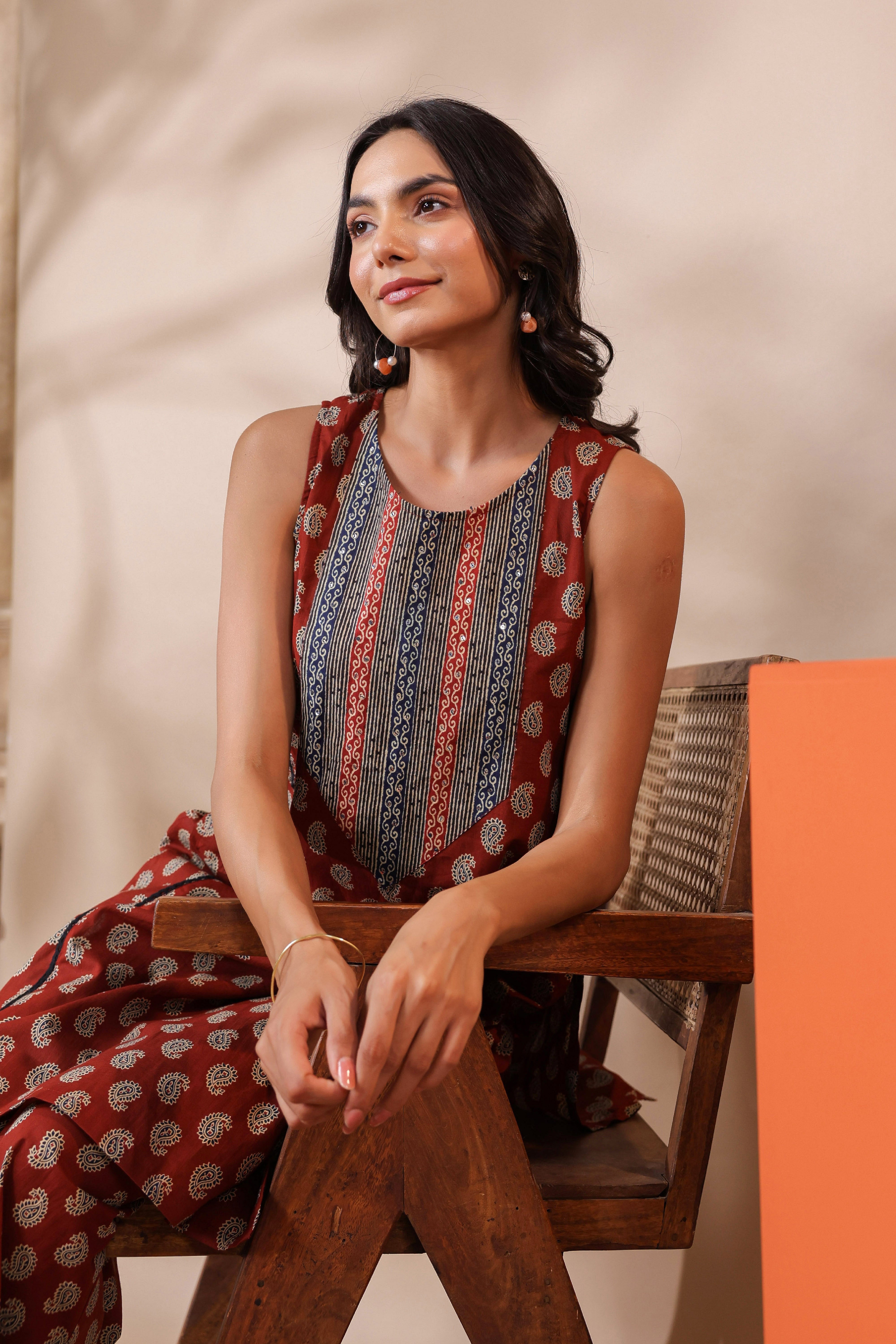Maroon Printed Cotton Kurta & Pants Set