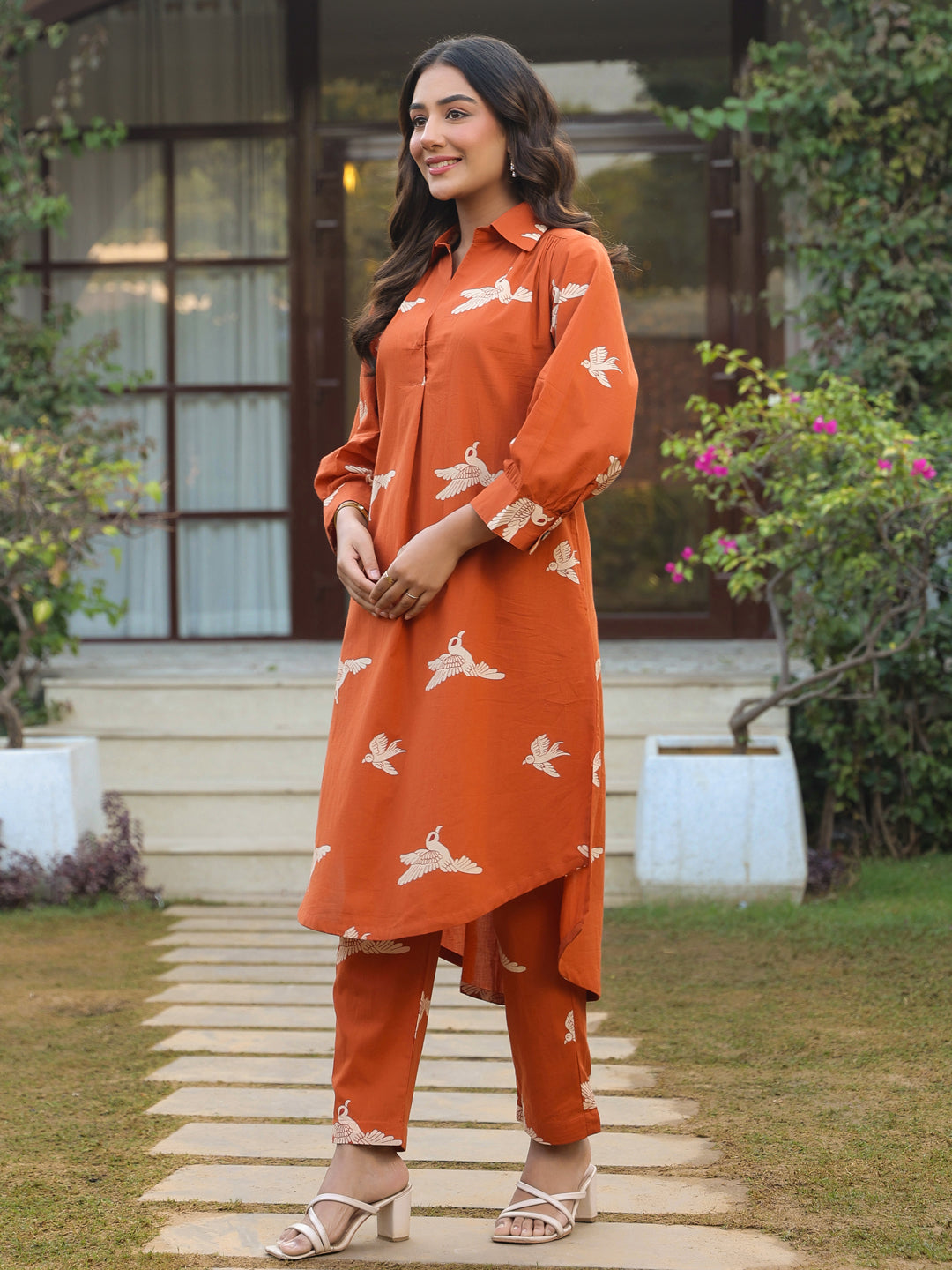 Rust Parrot Printed Cotton Co-Ord Set