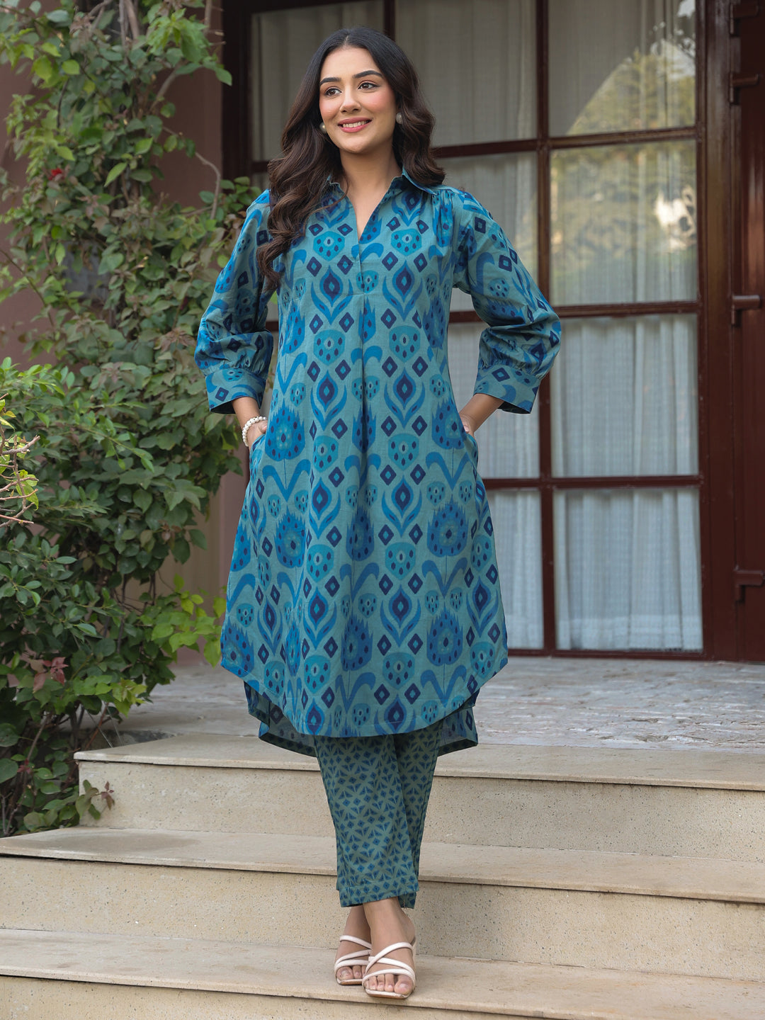 Blue Ikat Printed Cotton Co-Ord Set