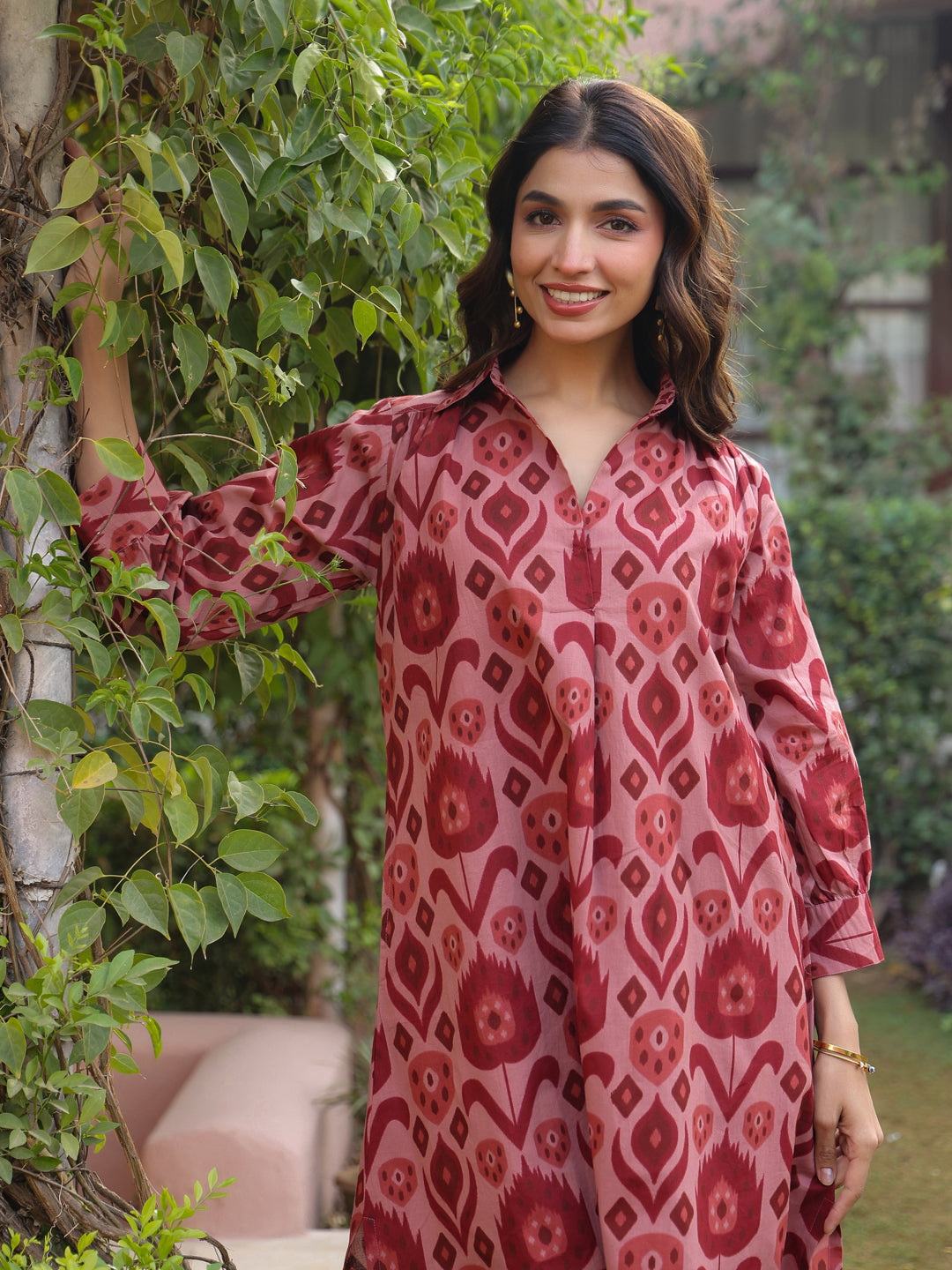 Maroon Ikat Printed Cotton Co-Ord Set