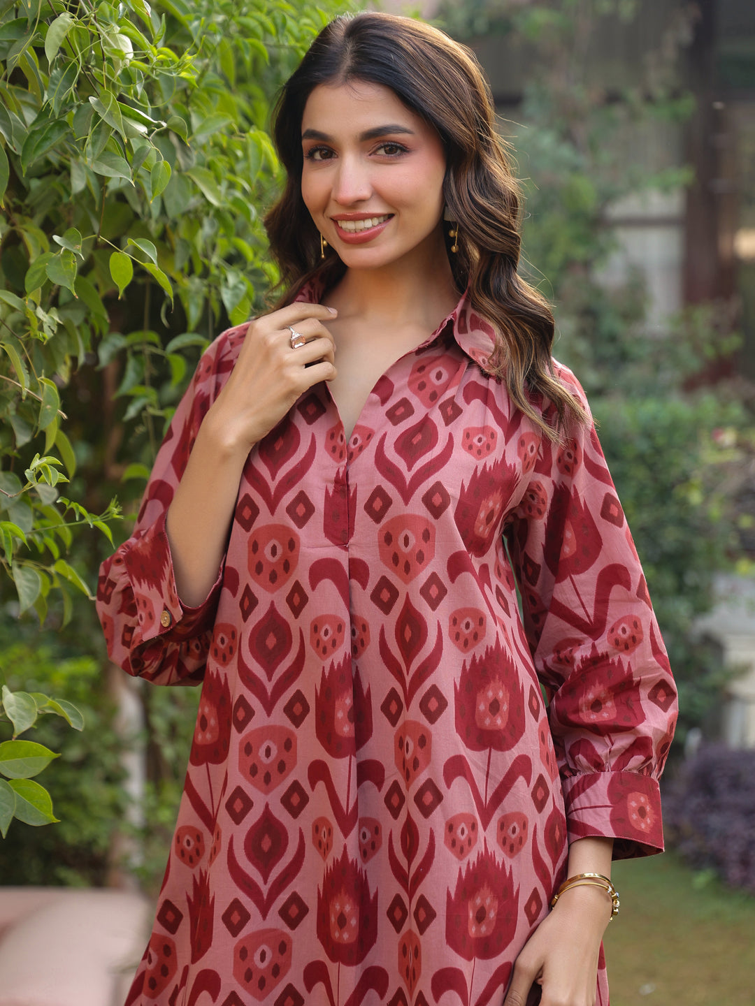 Maroon Ikat Printed Cotton Co-Ord Set