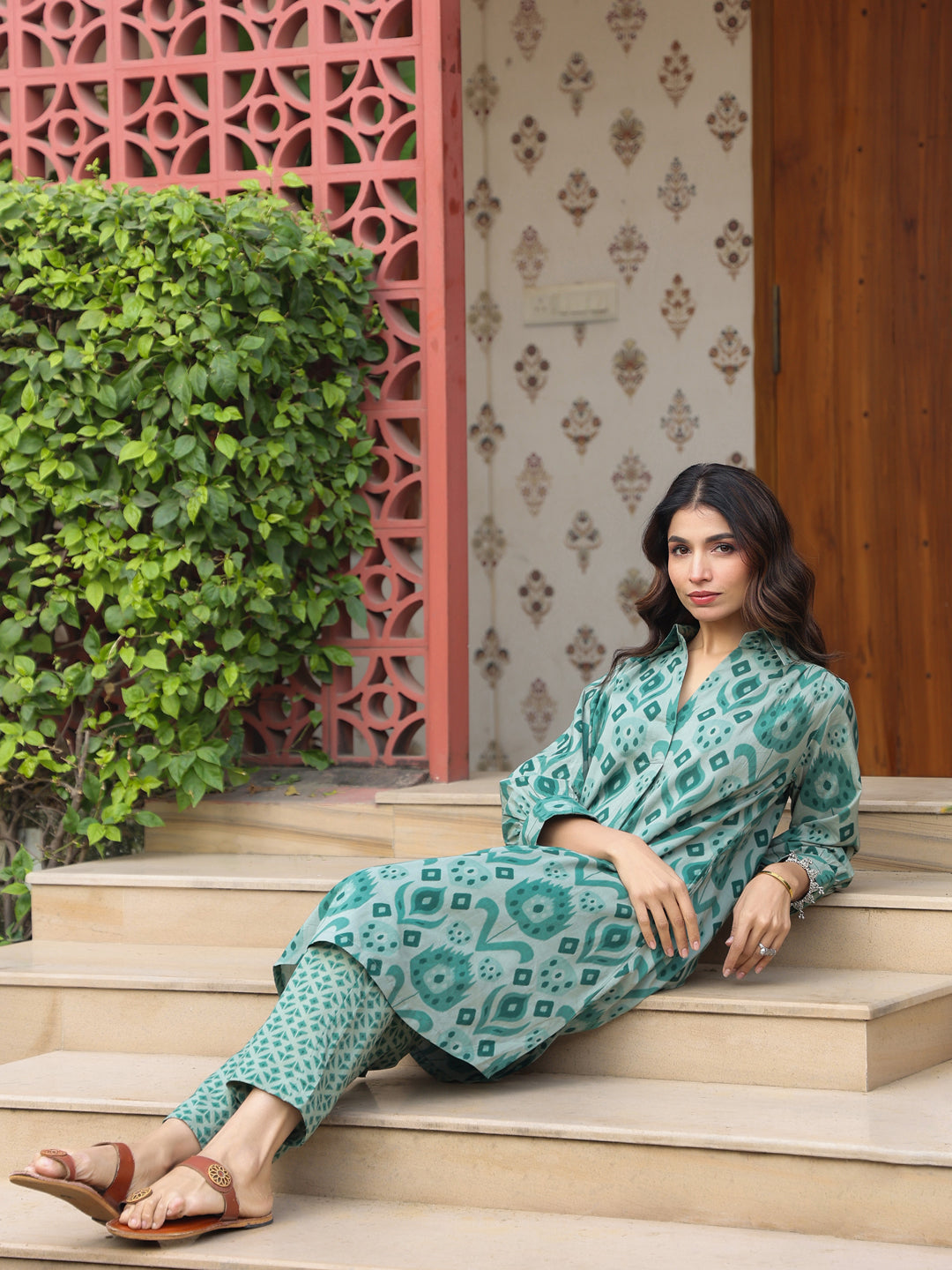Green Ikat Printed Cotton Co-Ord Set
