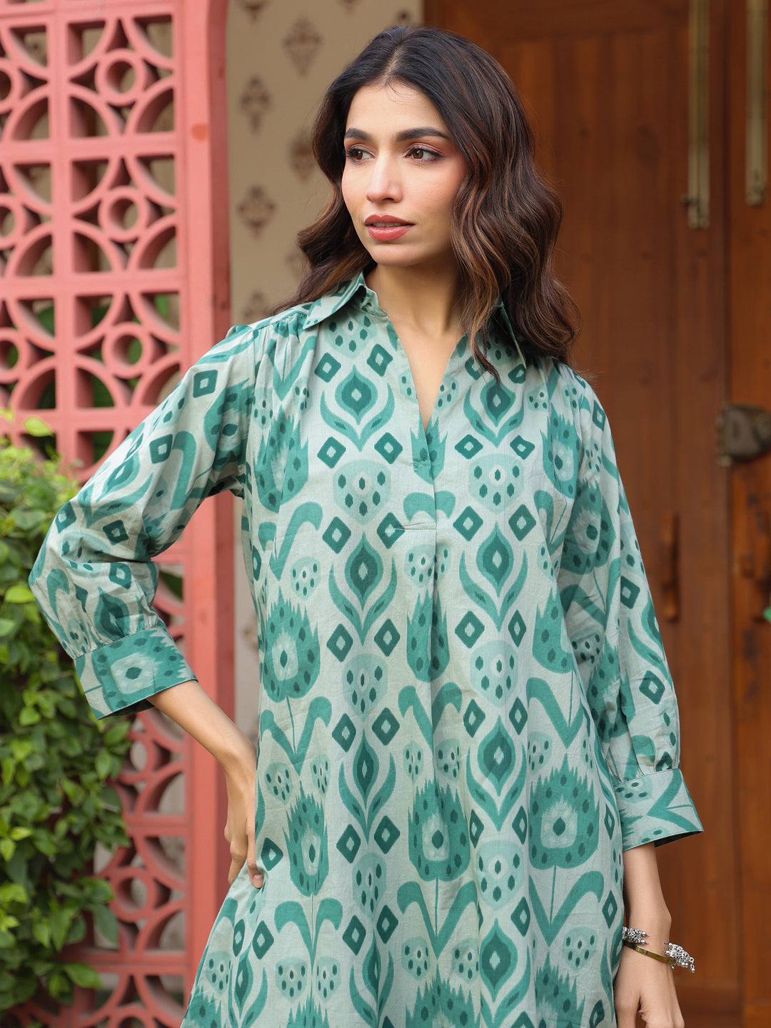 Green Ikat Printed Cotton Co-Ord Set