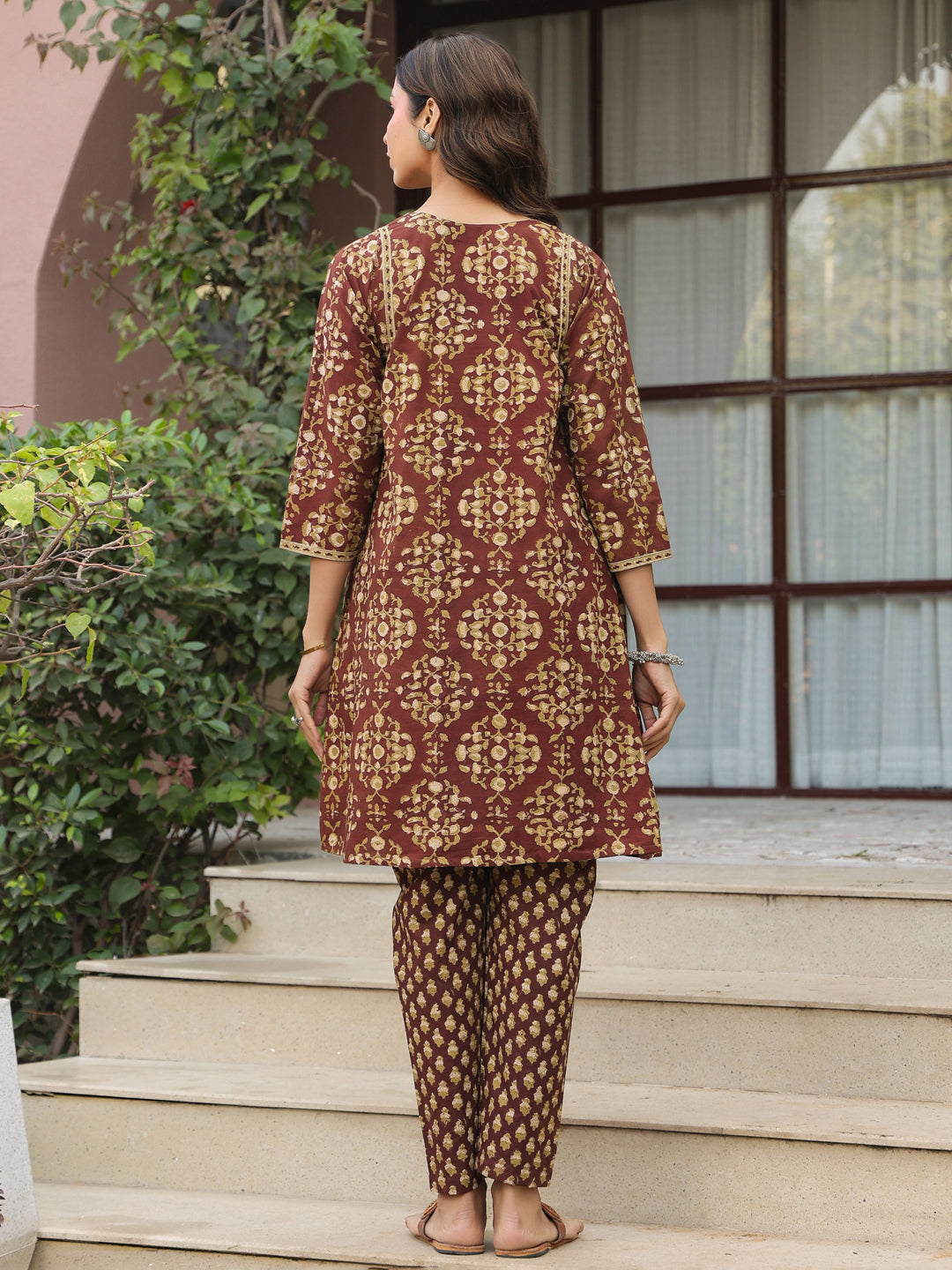 Brown Floral Handblock Printed Cotton Co-ord Set
