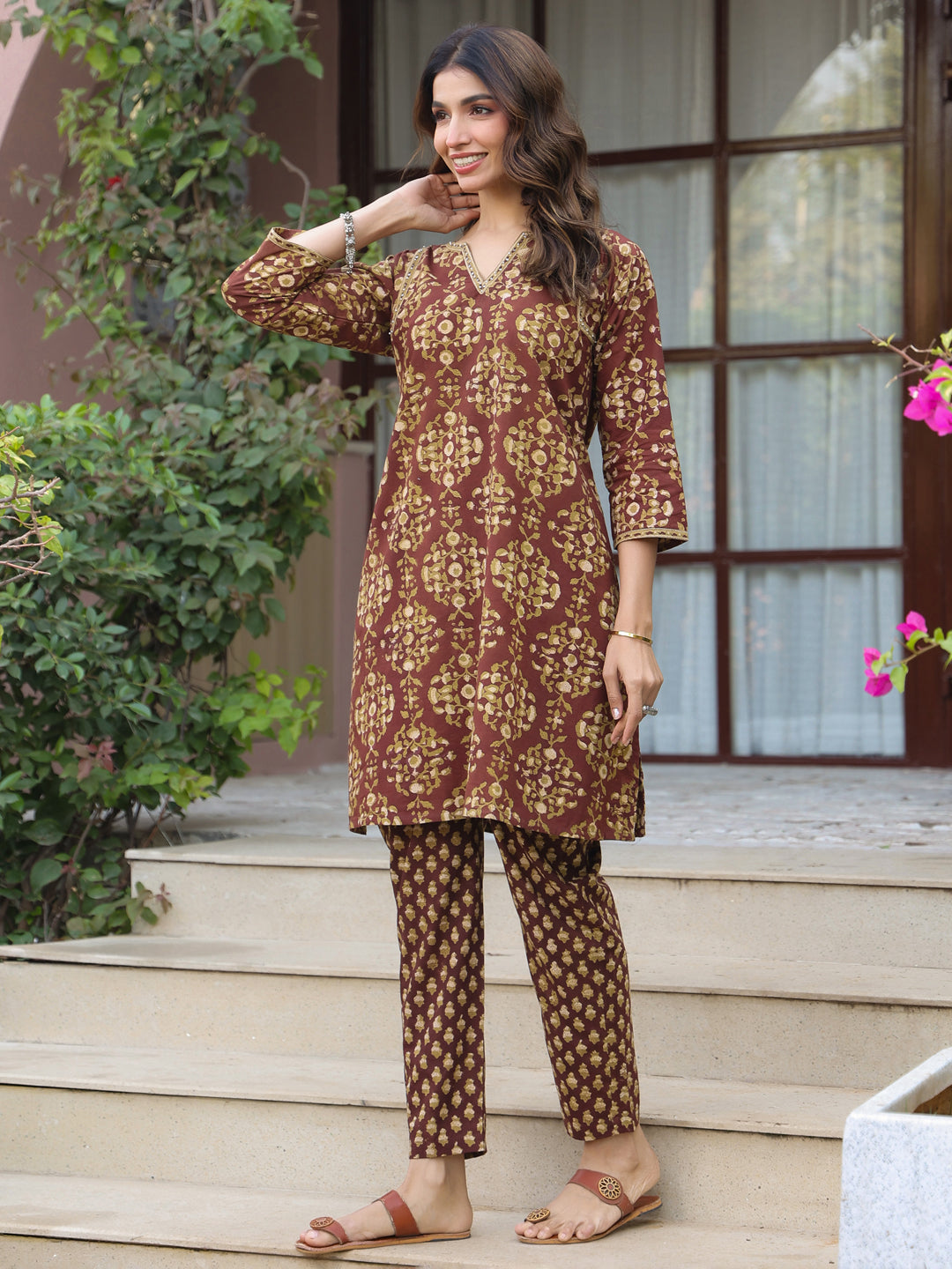 Brown Floral Handblock Printed Cotton Co-ord Set