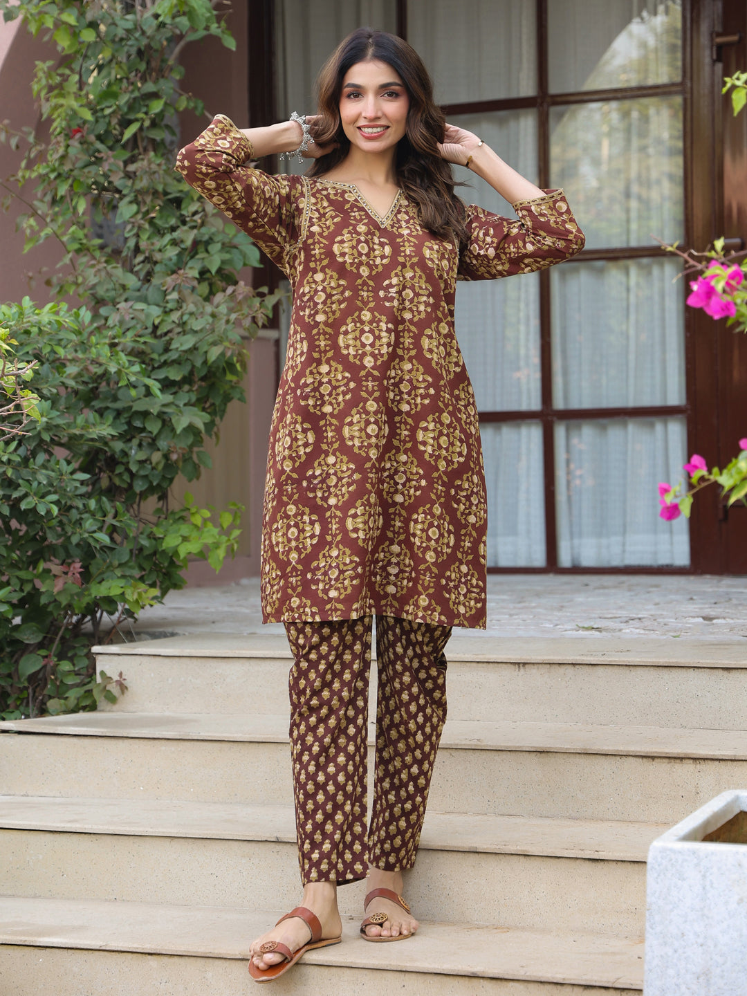 Brown Floral Handblock Printed Cotton Co-ord Set