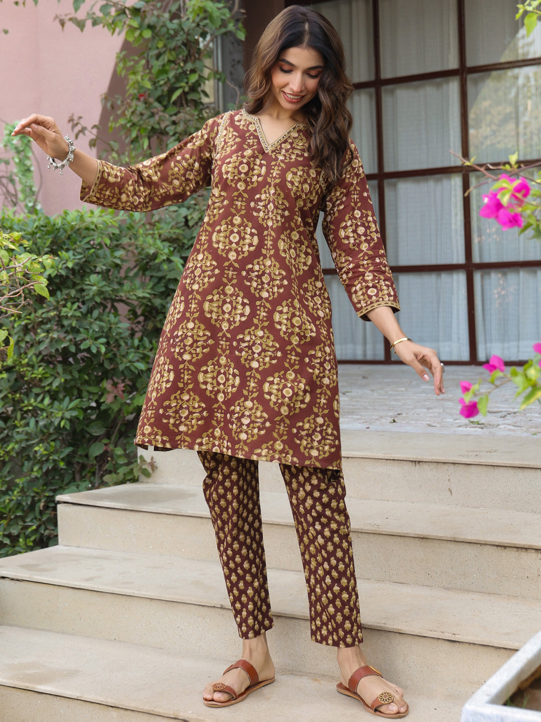 Brown Floral Handblock Printed Cotton Co-ord Set