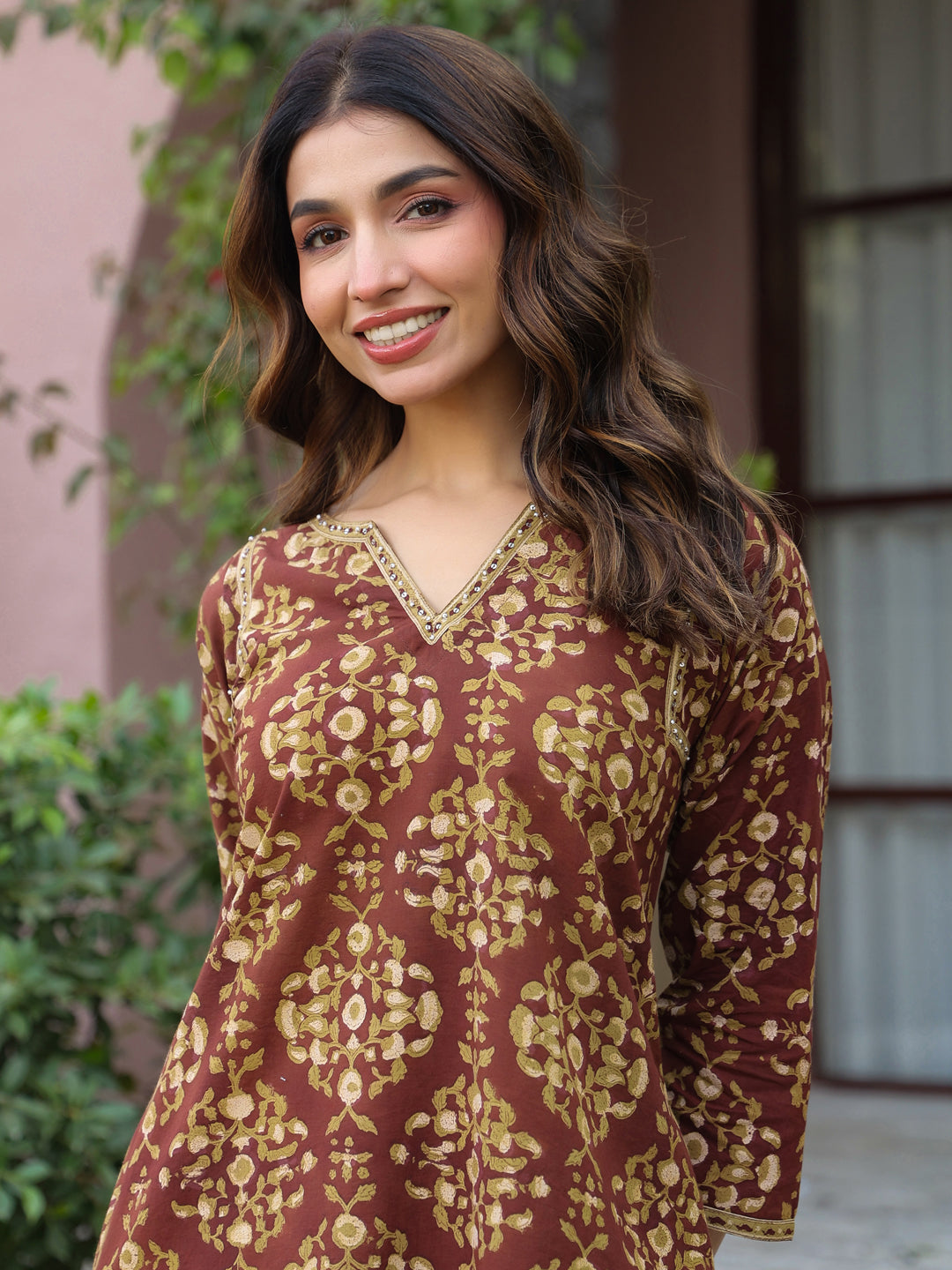 Brown Floral Handblock Printed Cotton Co-ord Set