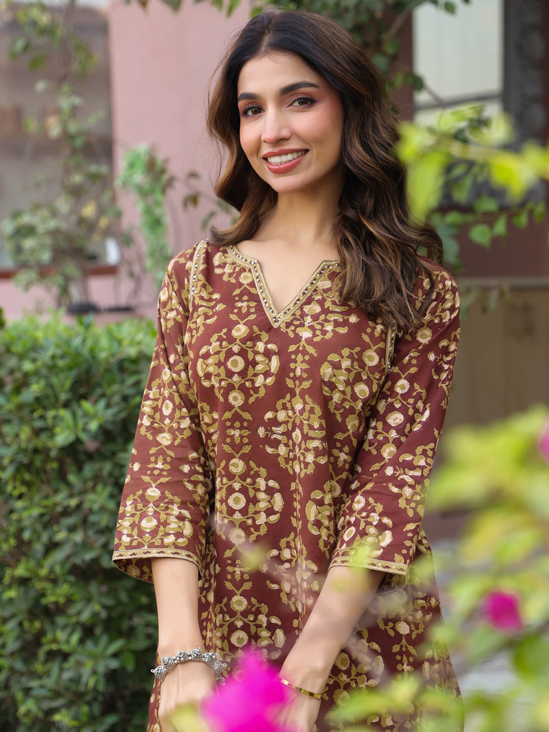 Brown Floral Handblock Printed Cotton Co-ord Set