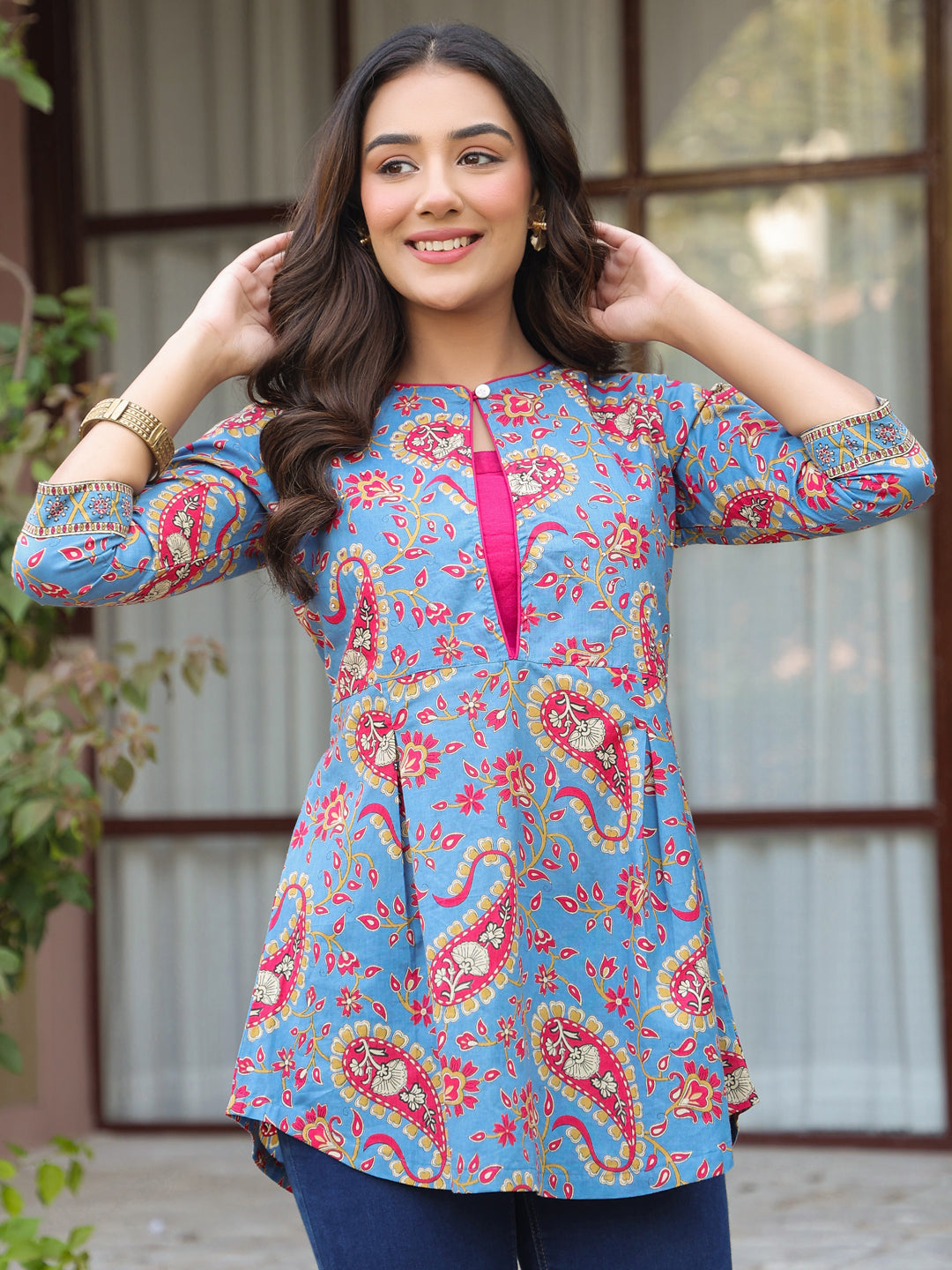 Blue Printed Sequinned Pure Cotton Kurti