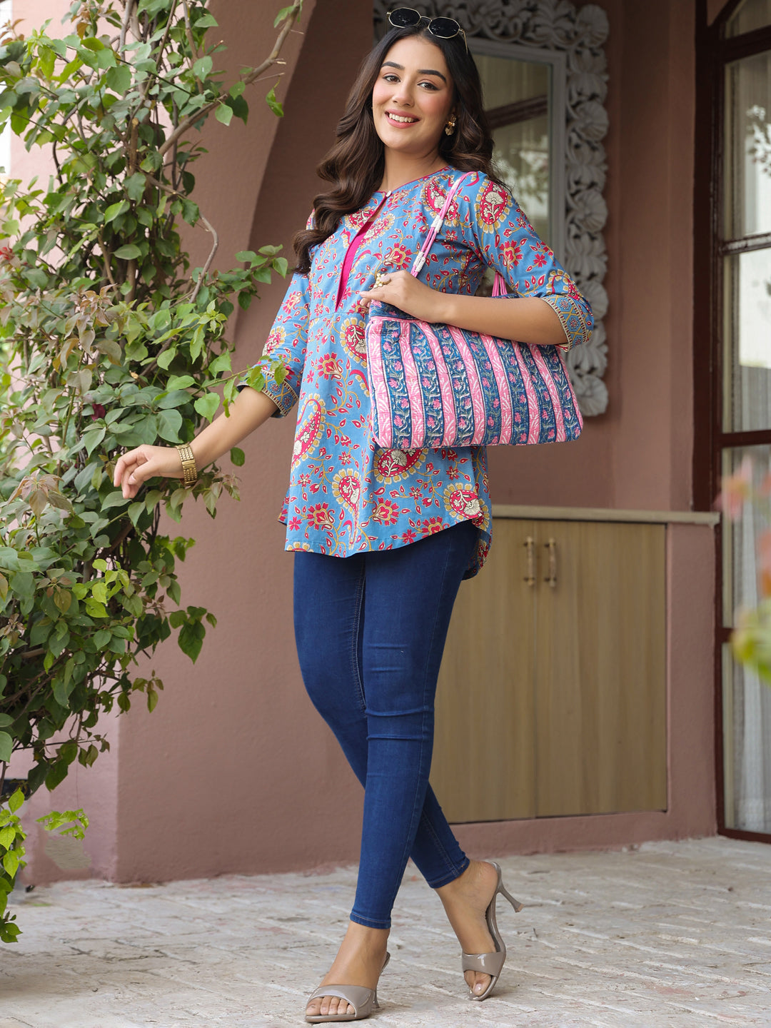 Blue Printed Sequinned Pure Cotton Kurti