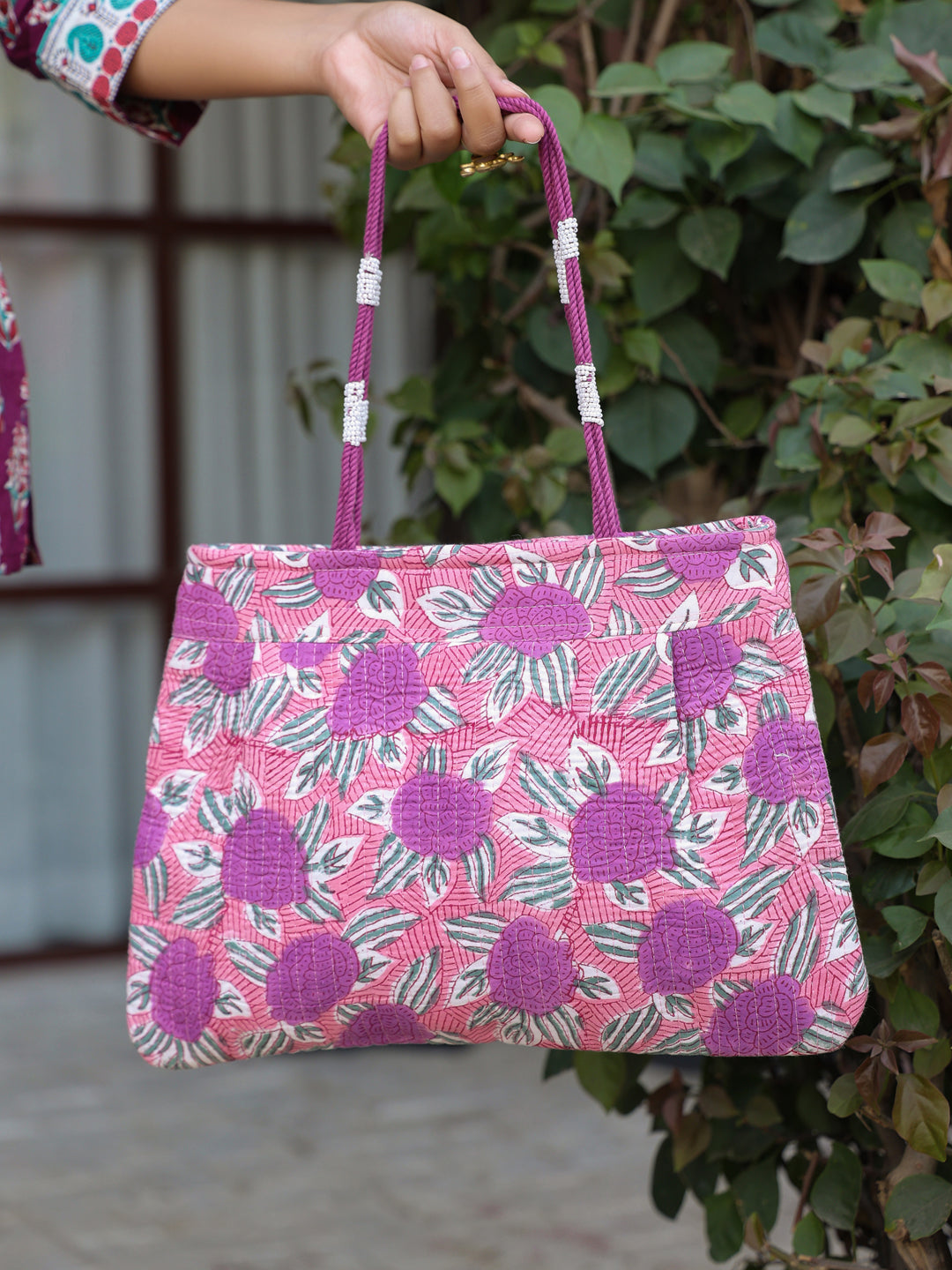 White & Purple Floral Shoulder Bag with Zip