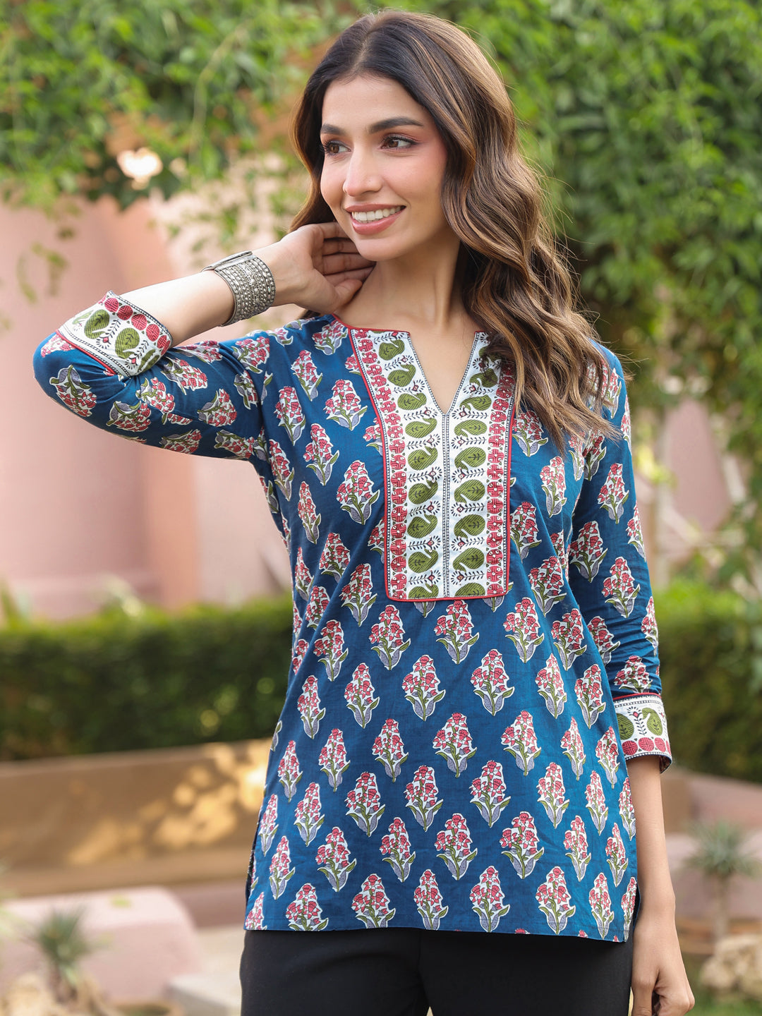 Navy Blue Floral Printed Sequinned Pure Cotton Top