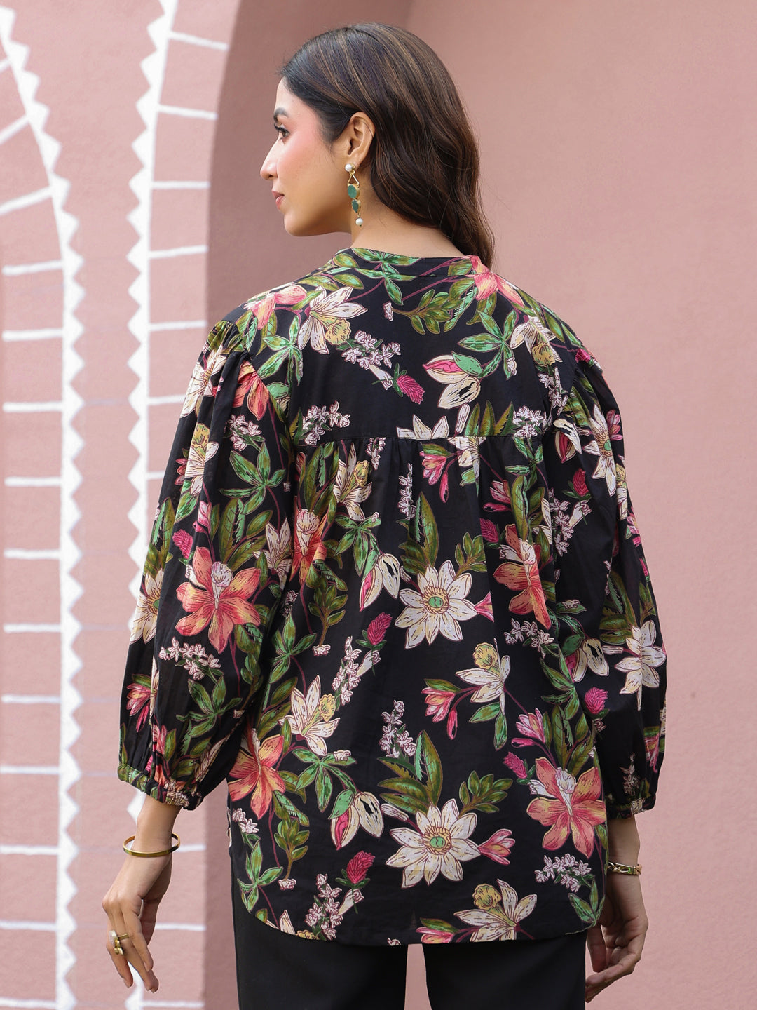 Black Floral Print Mandarin Collar Cotton Top