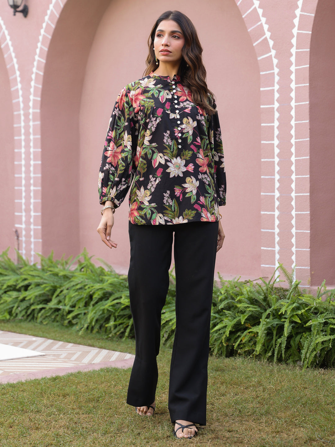 Black Floral Print Mandarin Collar Cotton Top