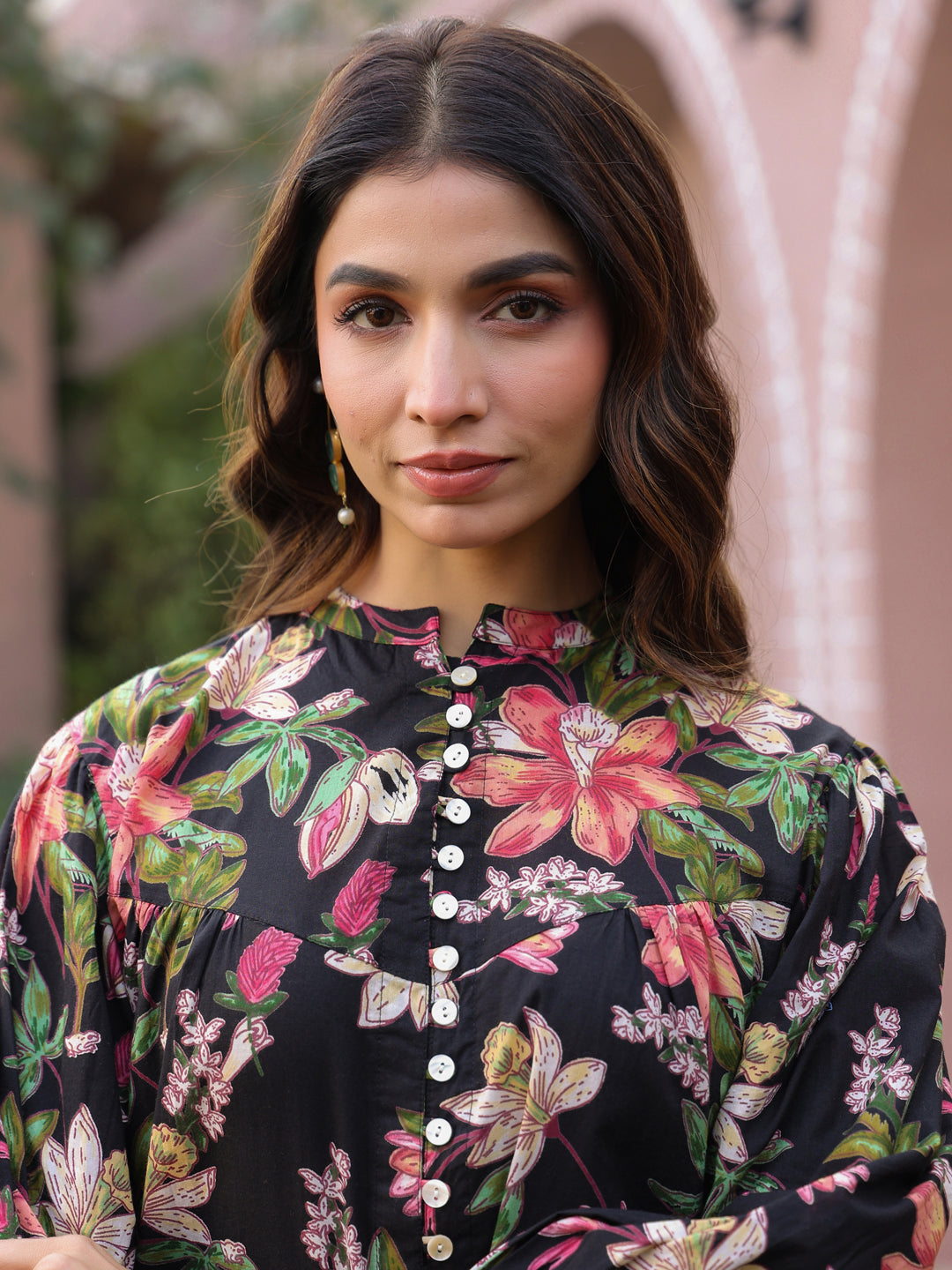 Black Floral Print Mandarin Collar Cotton Top