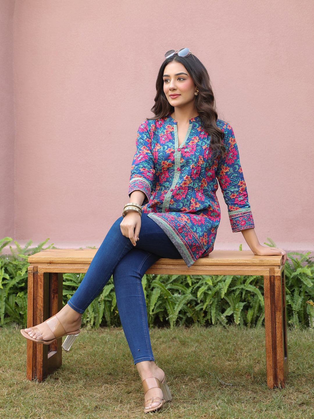 Blue Floral Print Mandarin Collar Pintucks Top