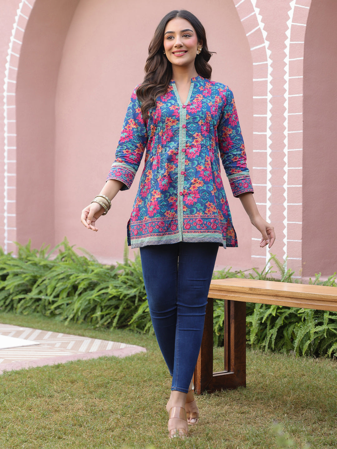 Blue Floral Print Mandarin Collar Pintucks Top