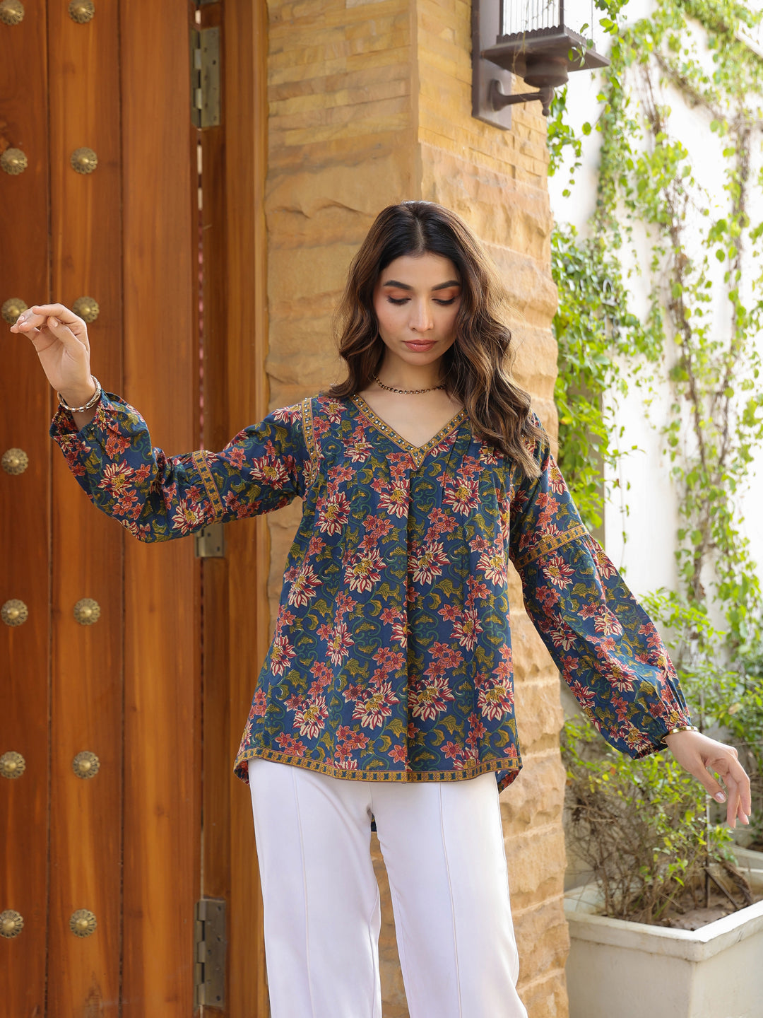 Blue Floral Printed V-Neck Pintuck Cotton Top