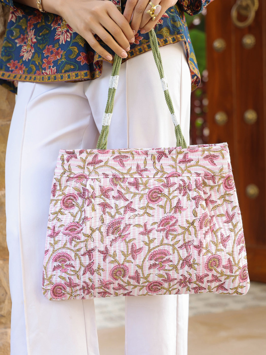 Pink Floral Shoulder Bag with Zip