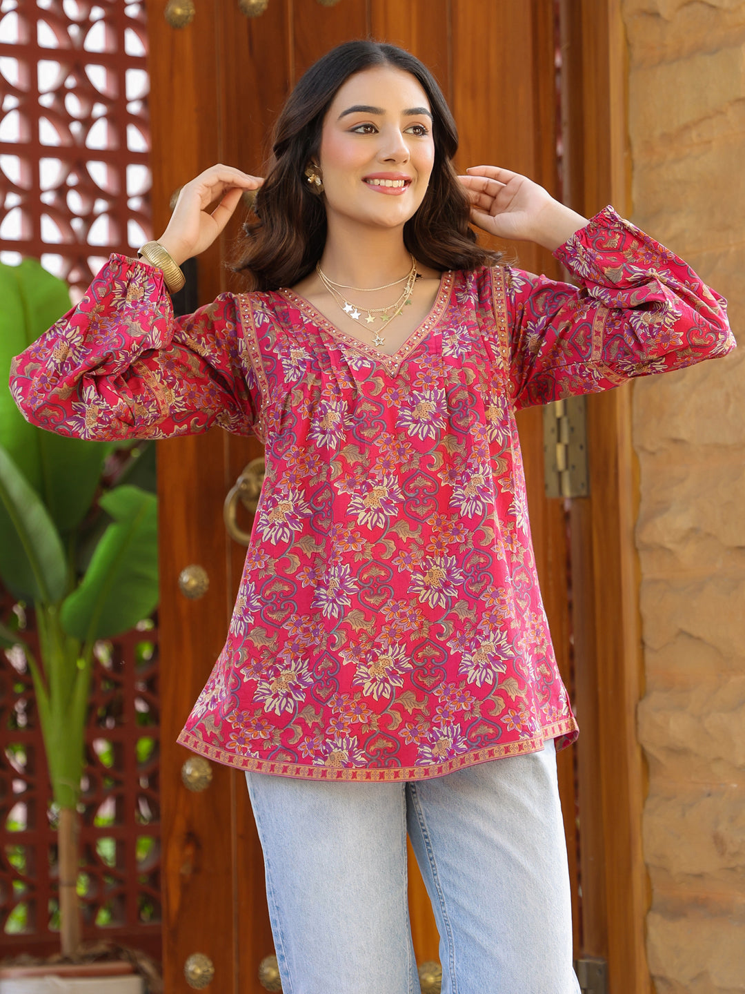 Pink Floral Printed V-Neck Pintuck Cotton Top
