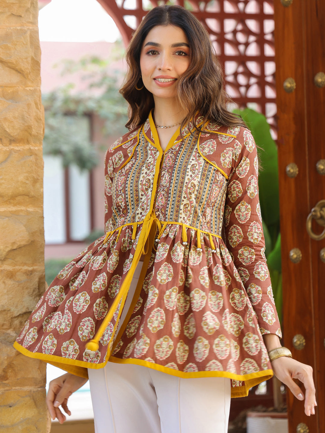Brown Handblock Printed A-Line Peplum Top with Tie-Up Detail