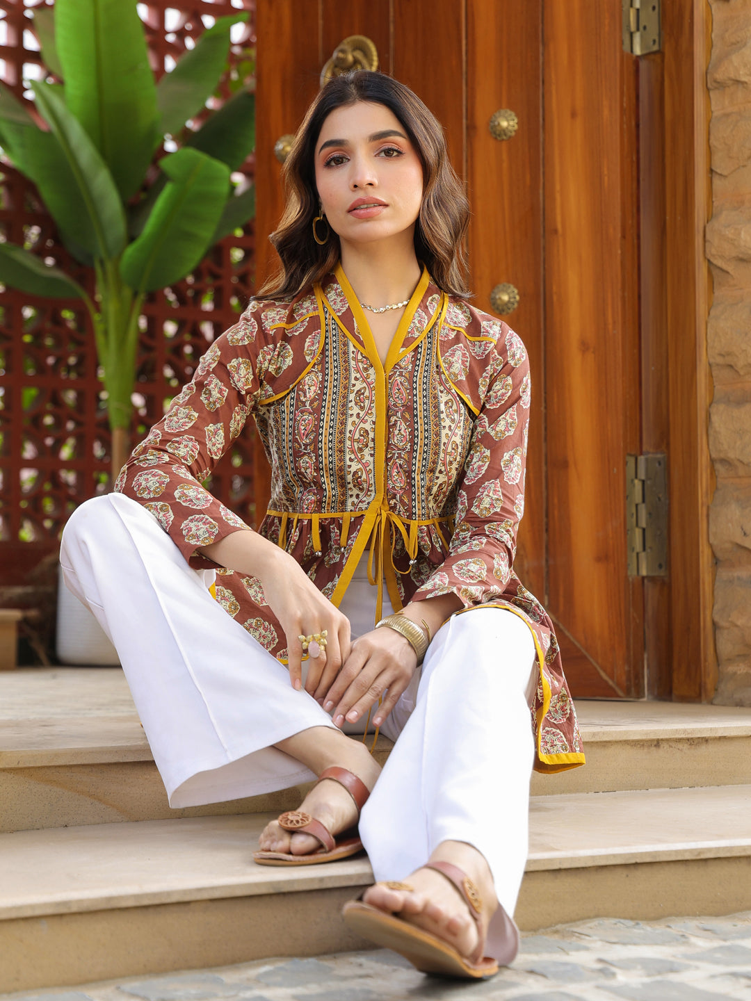 Brown Handblock Printed A-Line Peplum Top with Tie-Up Detail