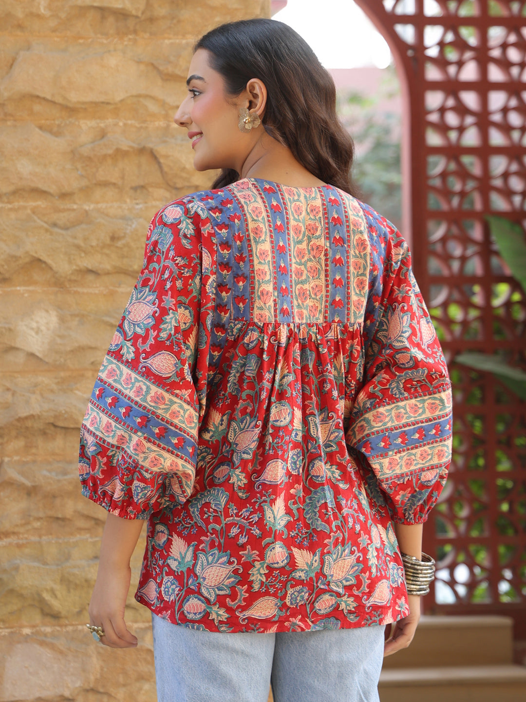 Red Handblock Printed Boho Volume Sleeves Top