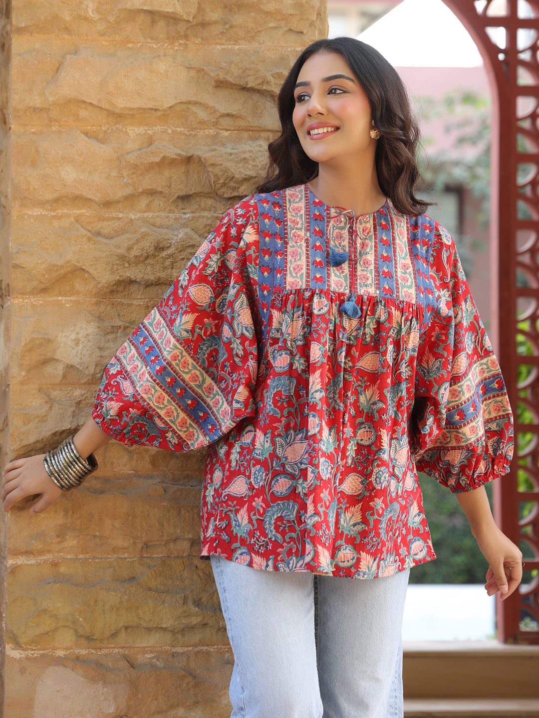 Red Handblock Printed Boho Volume Sleeves Top