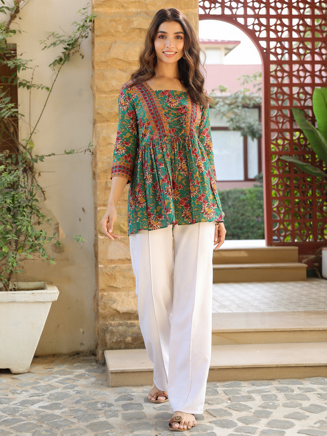 Green Ethnic Floral A-Line Top with Tie-Ups