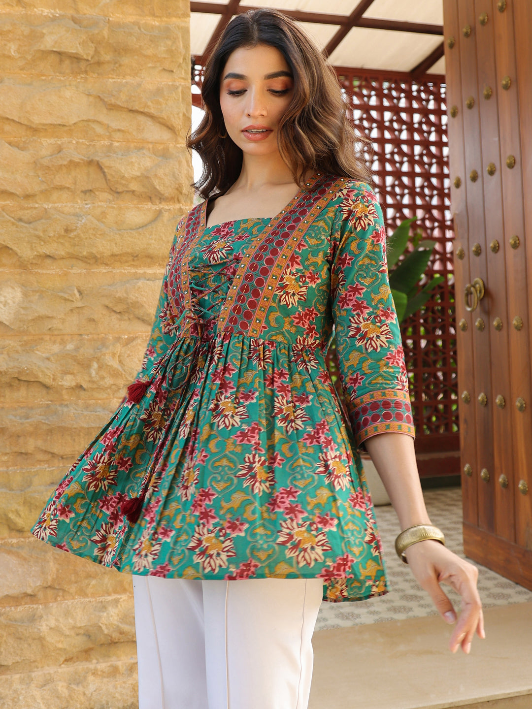 Green Ethnic Floral A-Line Top with Tie-Ups