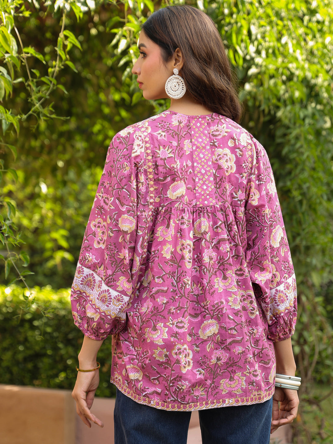 Mauve Hand-block Printed Boho Volume Sleeves Top