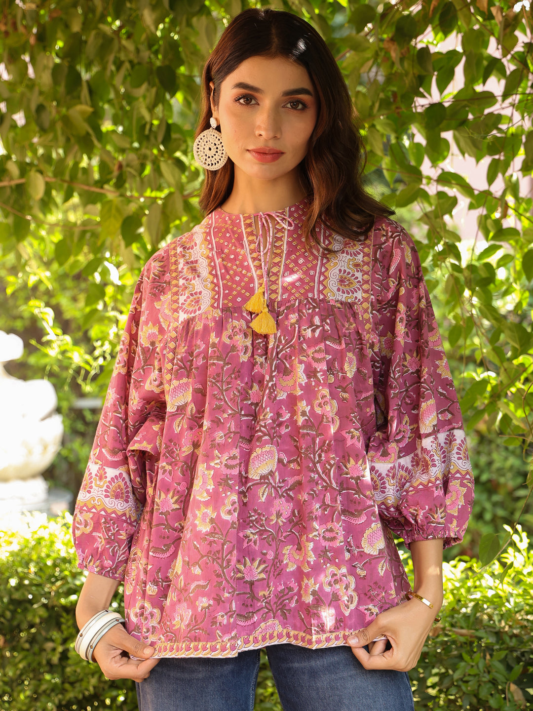 Mauve Hand-block Printed Boho Volume Sleeves Top
