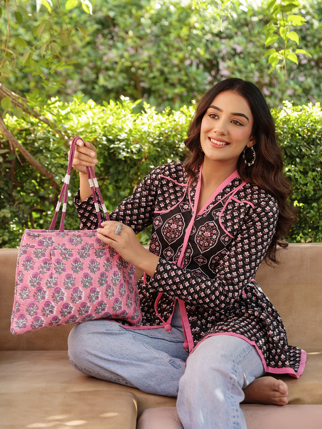Black Handblock Printed A-Line Peplum Top with Tie-Up Detail