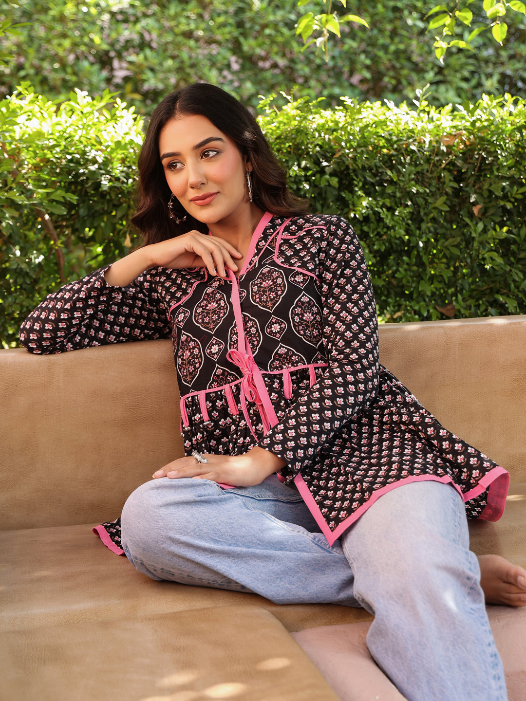 Black Handblock Printed A-Line Peplum Top with Tie-Up Detail